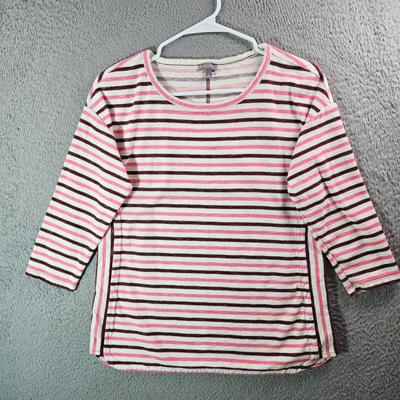 T‎ Talbots Top Women Small 3/4 Sleeve Stretch White Pink Red Striped - Picture 1 of 9